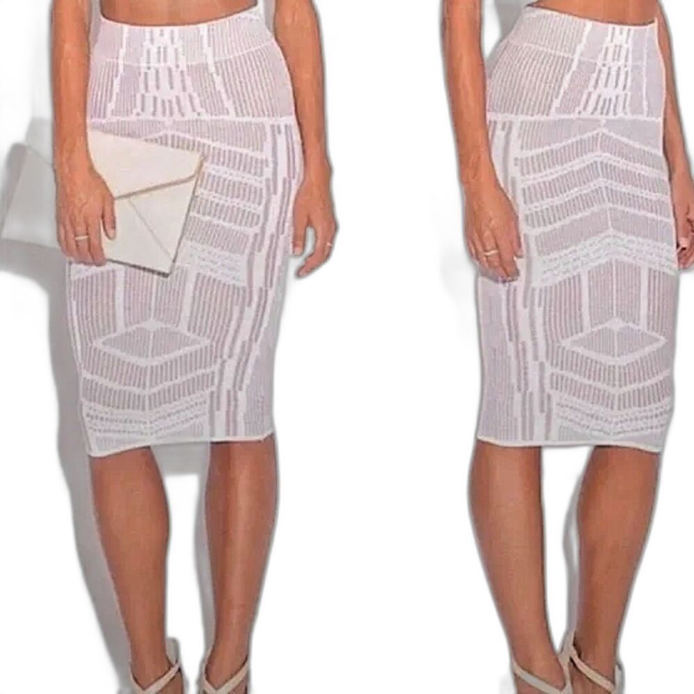 RONNY KOBO Cream / Nude Midi Stretch Knit Geometric Pattern Bodycon Skirt, Sz. S